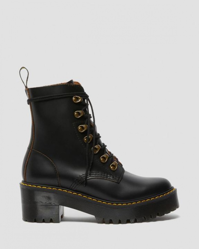 Black Women's Dr Martens Leona Women's Vintage Smooth Leather Heeled Boots | USA_Dr15037