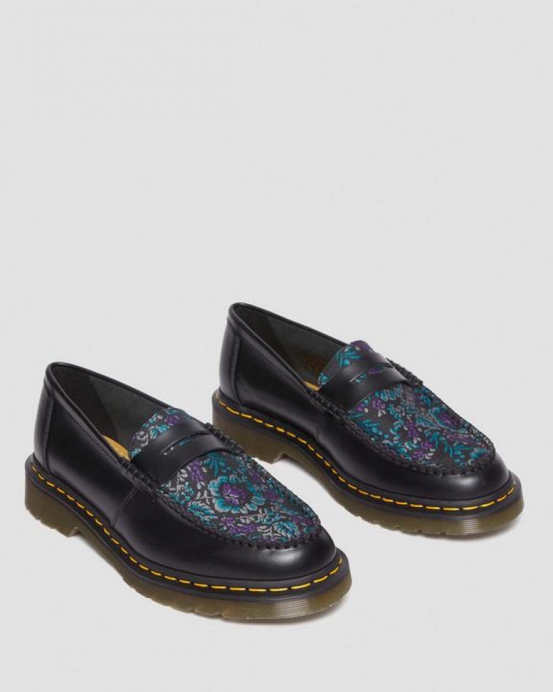 Black Women's Dr Martens Penton Floral Jacquard Loafers Shoes | USA_Dr68657