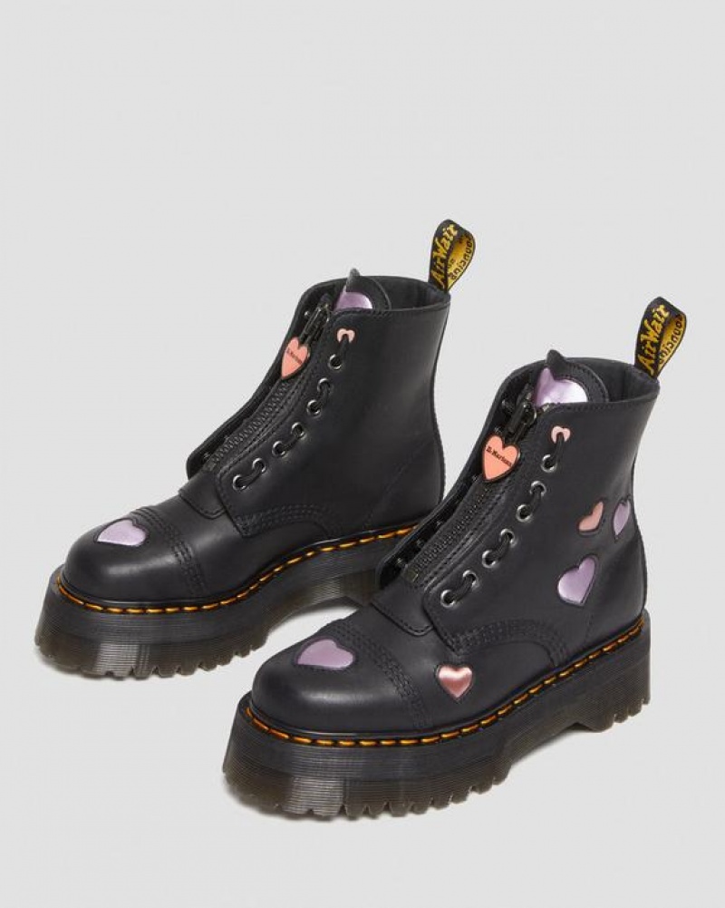 Black Women's Dr Martens Sinclair Leather Heart Platform Boots | USA_Dr64651