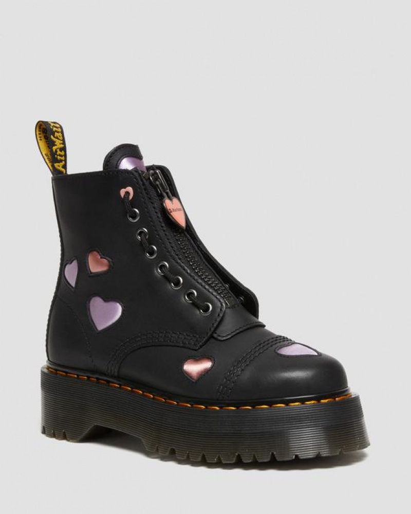 Black Women\'s Dr Martens Sinclair Leather Heart Platform Boots | USA_Dr64651