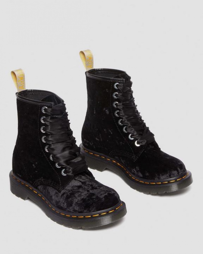 Black Women's Dr Martens Vegan 1460 Women's Crushed Velvet Lace Up Boots | USA_Dr65944