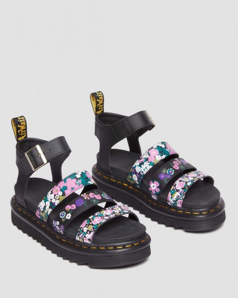 Black / Pink Women's Dr Martens Blaire Vintage Floral Leather Strap Sandals | USA_Dr27066