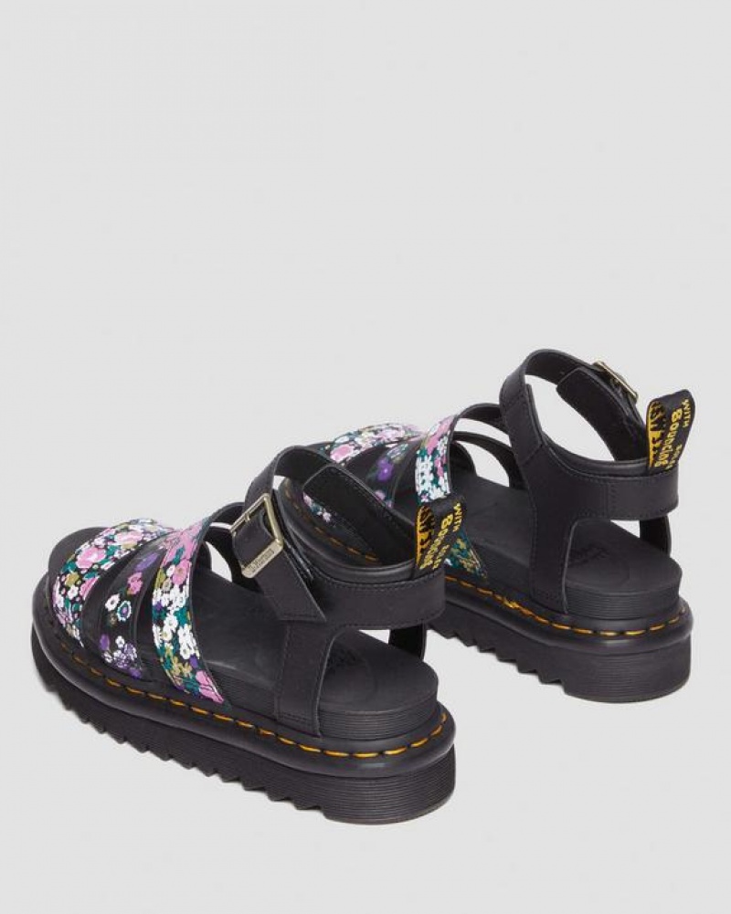 Black / Pink Women's Dr Martens Blaire Vintage Floral Leather Strap Sandals | USA_Dr27066