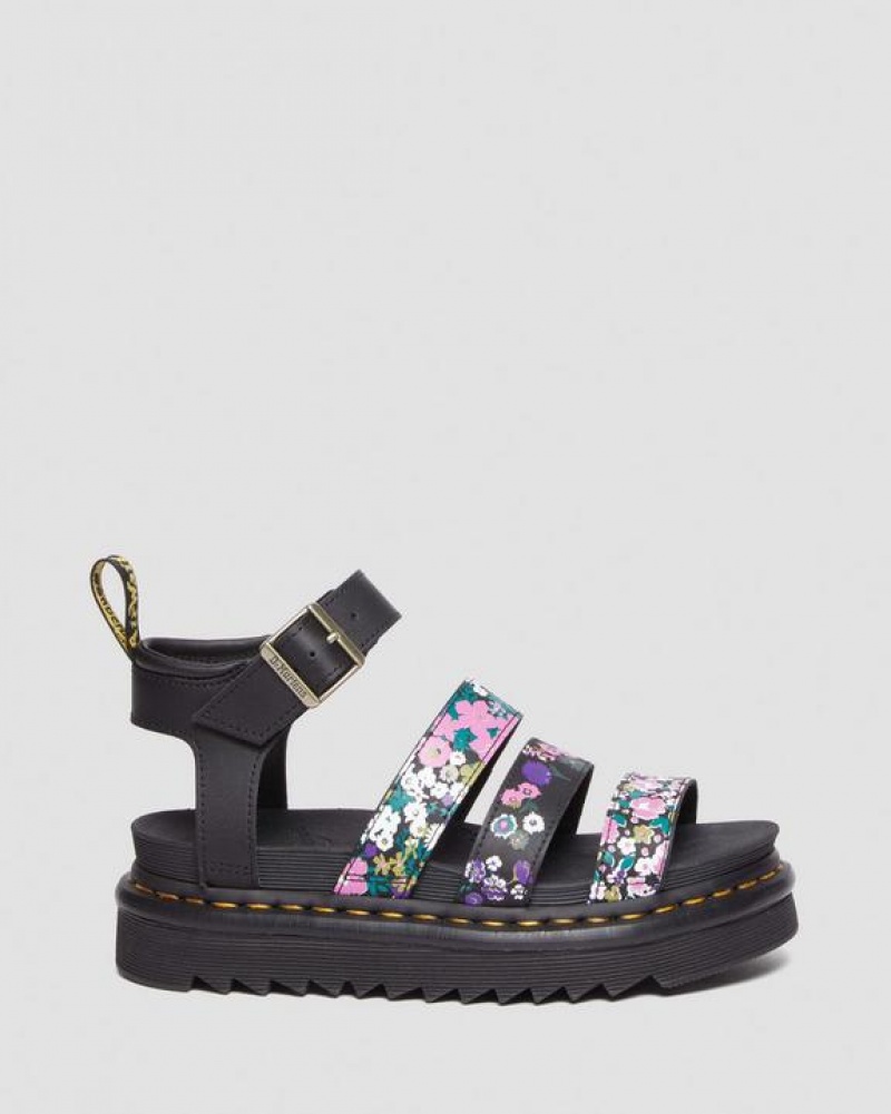 Black / Pink Women's Dr Martens Blaire Vintage Floral Leather Strap Sandals | USA_Dr27066