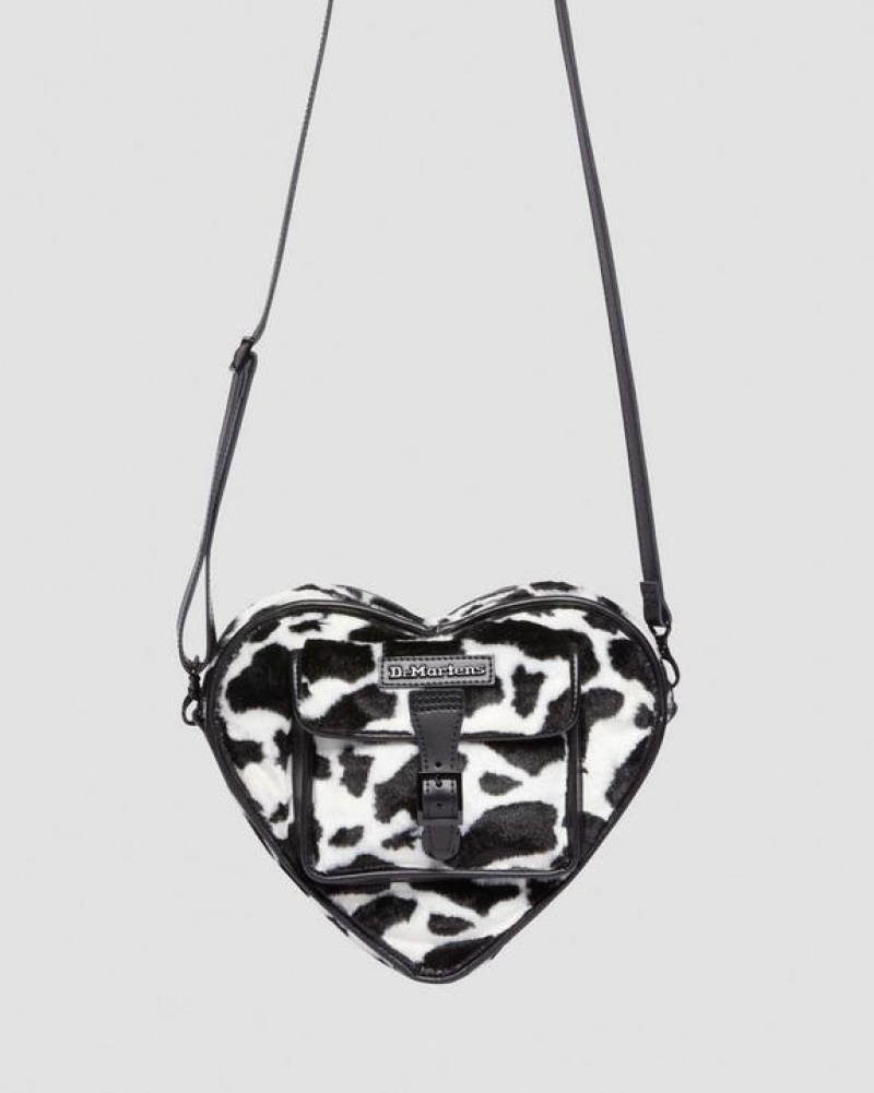 Black / White Accessories Dr Martens Heart Shaped Faux Fur Cow Print Backpack Bags | USA_Dr68761