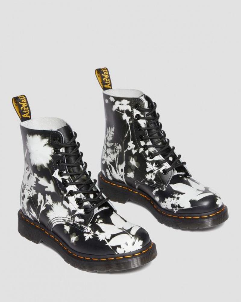 Black / White Women's Dr Martens 1460 Pascal Floral Shadow Leather Lace Up Boots | USA_Dr44754