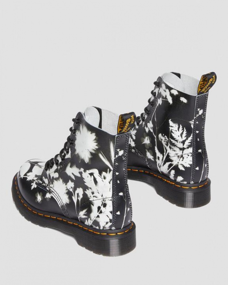 Black / White Women's Dr Martens 1460 Pascal Floral Shadow Leather Lace Up Boots | USA_Dr44754