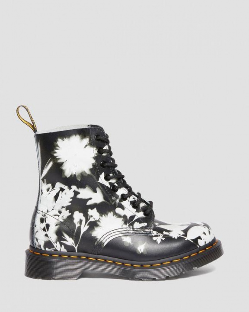 Black / White Women's Dr Martens 1460 Pascal Floral Shadow Leather Lace Up Boots | USA_Dr44754