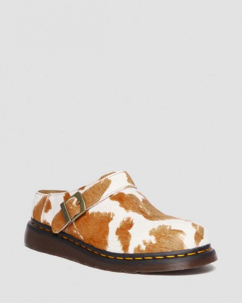 Brown / White Men\'s Dr Martens Isham Hair-On Cow Print Slingback Shoes | USA_Dr41178