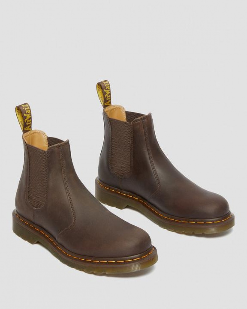 Dark Brown Women's Dr Martens 2976 Yellow Stitch Crazy Horse Leather Chelsea Boots | USA_Dr18955