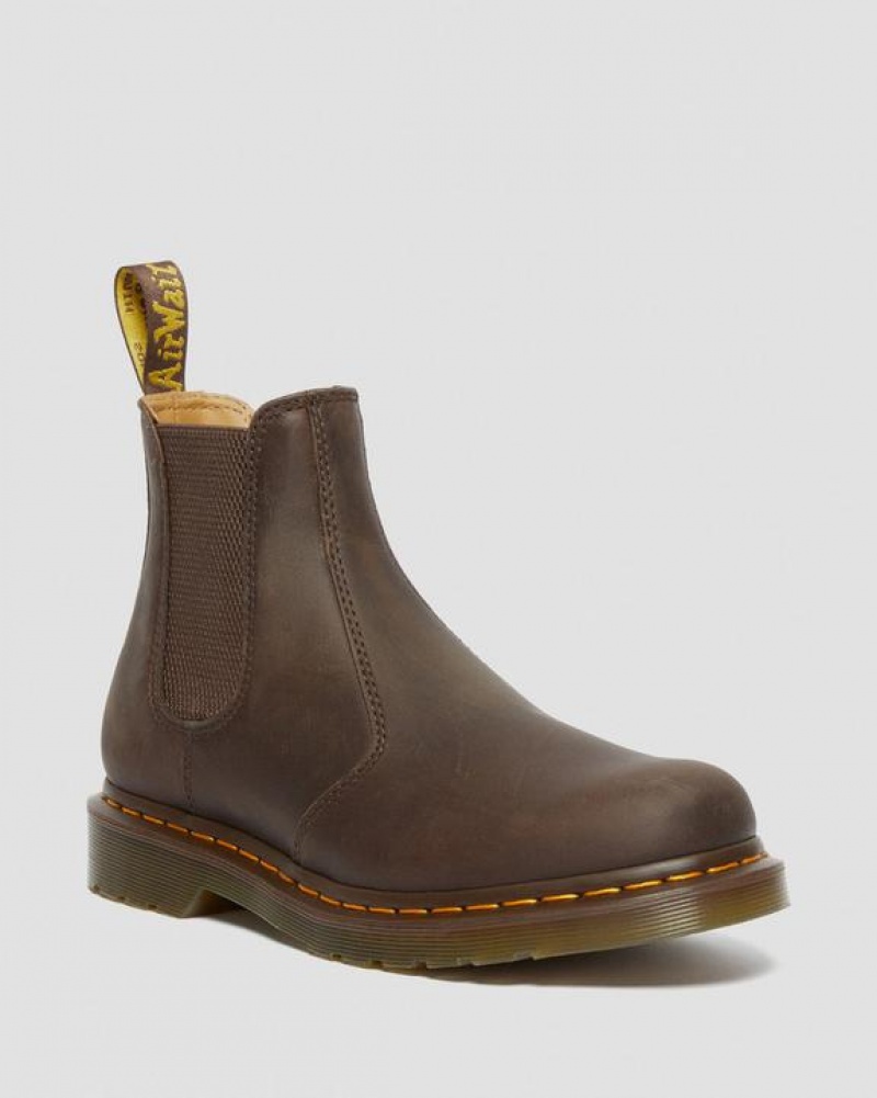 Dark Brown Women\'s Dr Martens 2976 Yellow Stitch Crazy Horse Leather Chelsea Boots | USA_Dr18955