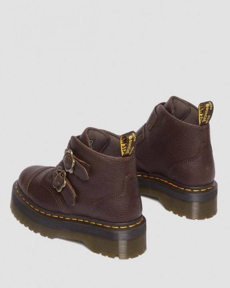 Dark Brown Women's Dr Martens Devon Flower Buckle Grizzly Leather Platform Boots | USA_Dr57057