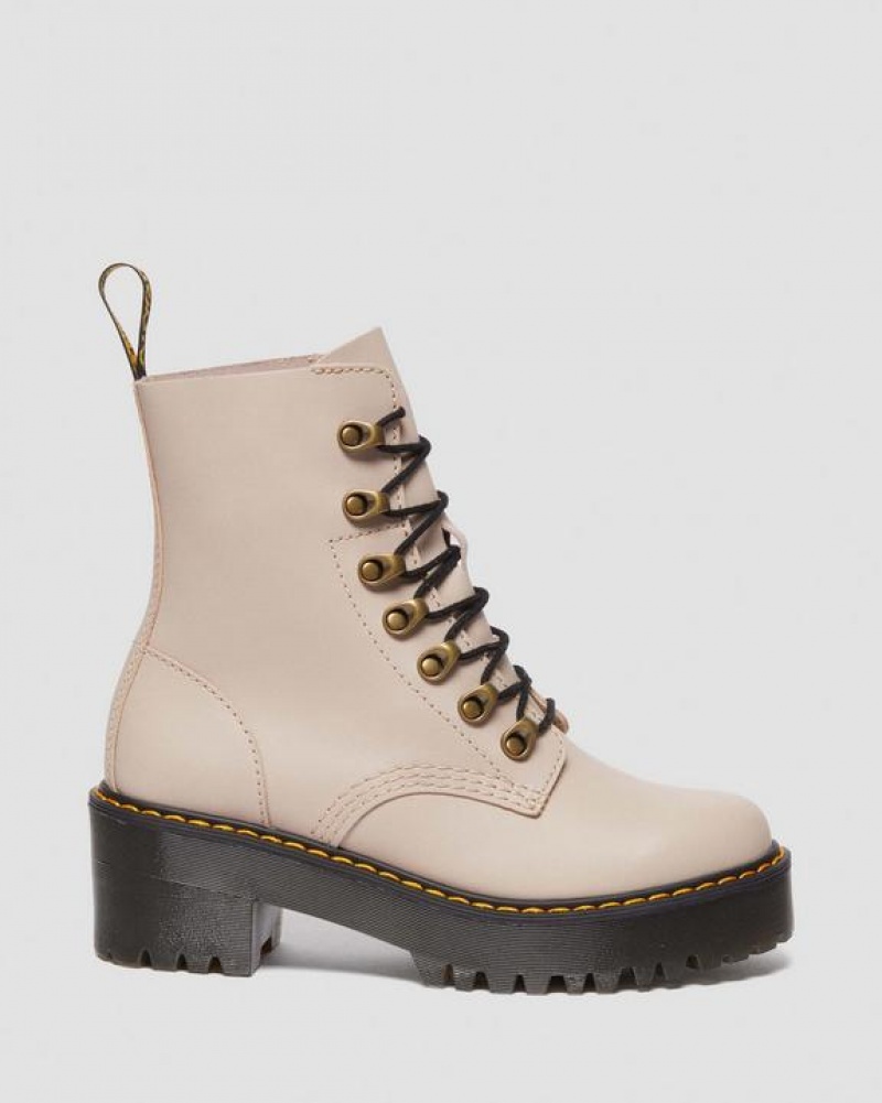 Grey Brown Women's Dr Martens Leona Women's Sendal Leather Heeled Boots | USA_Dr96469