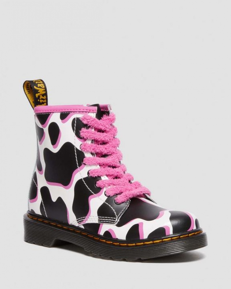 White Kids\' Dr Martens Junior 1460 Cow Print Patent Leather Lace Up Boots | USA_Dr80432