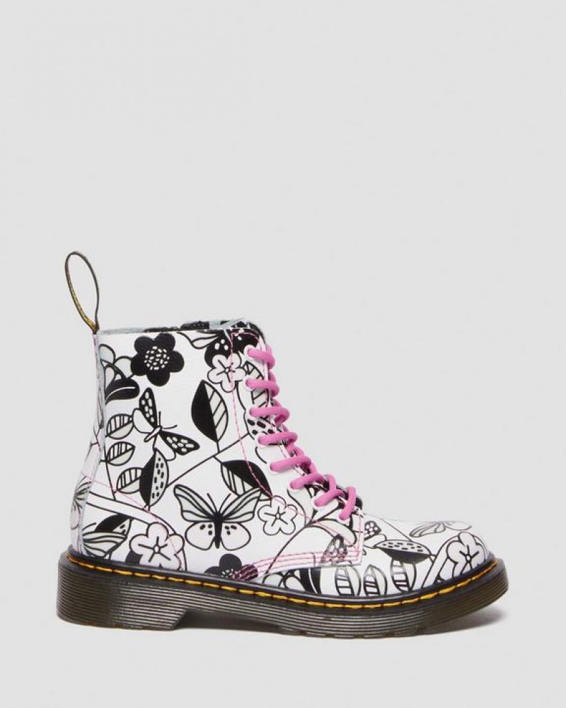 White Kids' Dr Martens Junior 1460 Meadow Print Leather Lace Up Boots | USA_Dr74489