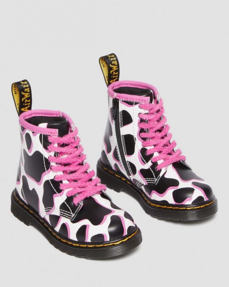 White Kids' Dr Martens Toddler 1460 Cow Print Patent Leather Lace Up Boots | USA_Dr39190