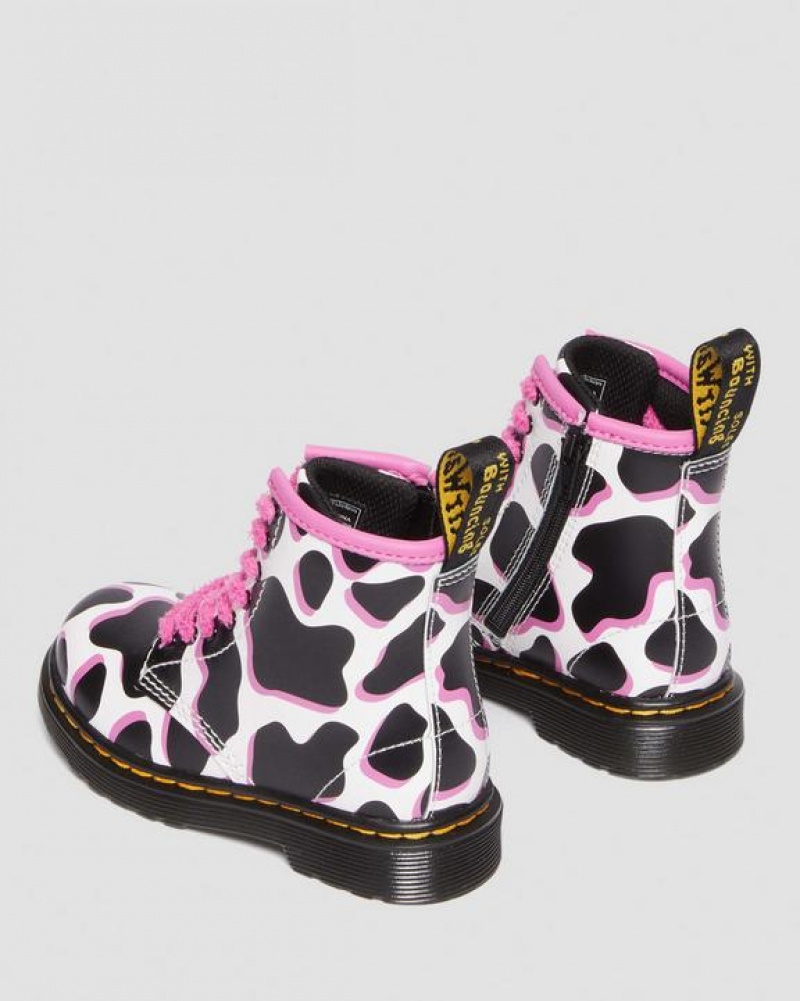 White Kids' Dr Martens Toddler 1460 Cow Print Patent Leather Lace Up Boots | USA_Dr39190