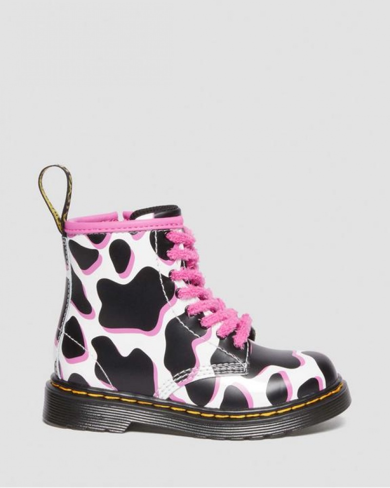 White Kids' Dr Martens Toddler 1460 Cow Print Patent Leather Lace Up Boots | USA_Dr39190