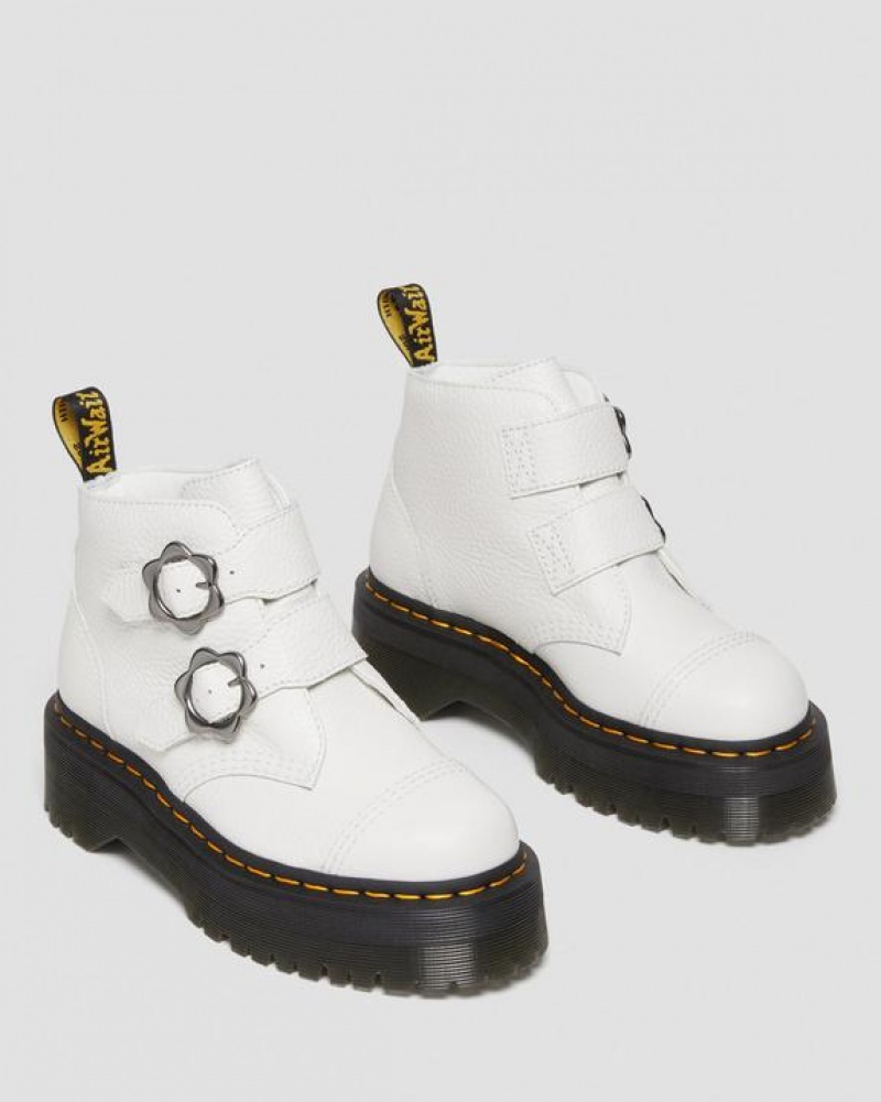 White Women's Dr Martens Devon Flower Buckle Leather Platform Boots | USA_Dr52759