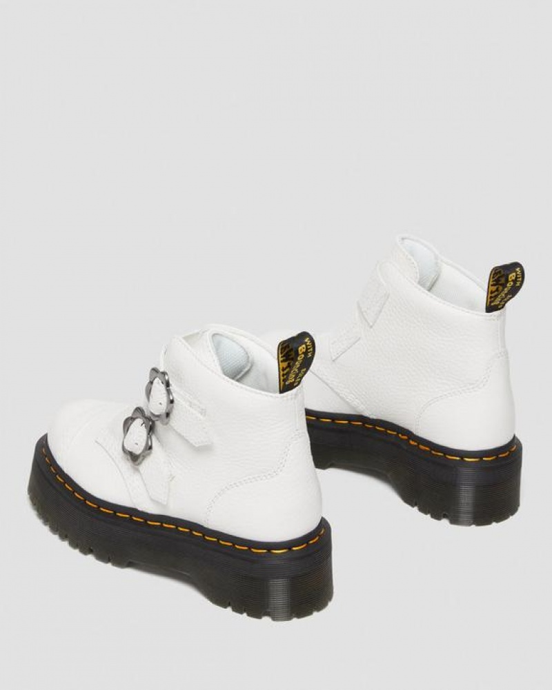 White Women's Dr Martens Devon Flower Buckle Leather Platform Boots | USA_Dr52759