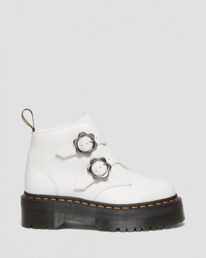 White Women's Dr Martens Devon Flower Buckle Leather Platform Boots | USA_Dr52759